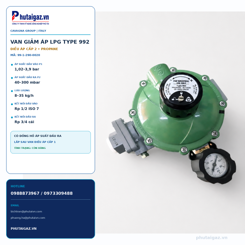 Van giảm áp cấp 2 LPG model 992, P1max 3,9bar, P2max 300mbar, connect 1/2